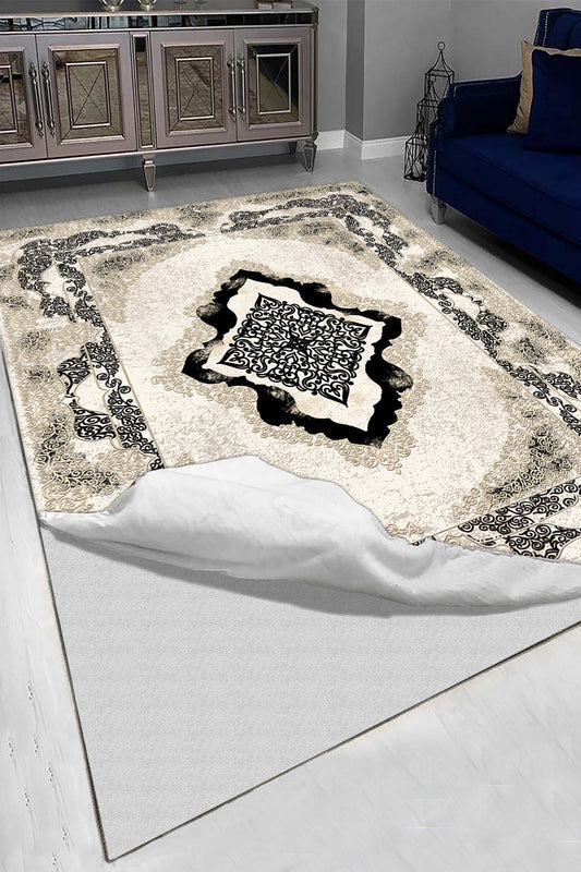 Klasik Siyah Krem Desenli Halı Örtüsü – Kaymaz Taban, Yıkanabilir, Otantik Tasarım