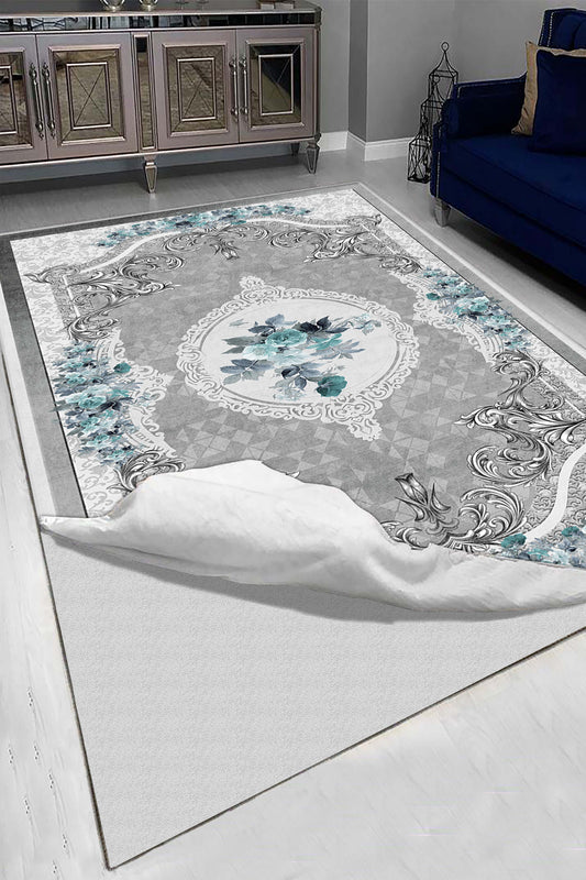 Gri Çiçek Desenli Halı Örtüsü – Barok Kenar Detaylı, Kaymaz Taban, Yıkanabilir