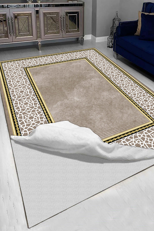 Altın Detaylı Bej Geometrik Desenli Modern Halı | Kaymaz Tabanlı, Leke Tutmaz