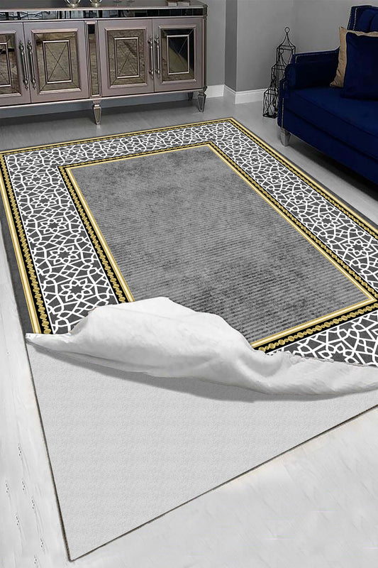 Lüks Gri ve Altın Detaylı Modern Geometrik Desenli Kaymaz Taban Halı - Salon ve Oturma Odası için Şık Tasarım