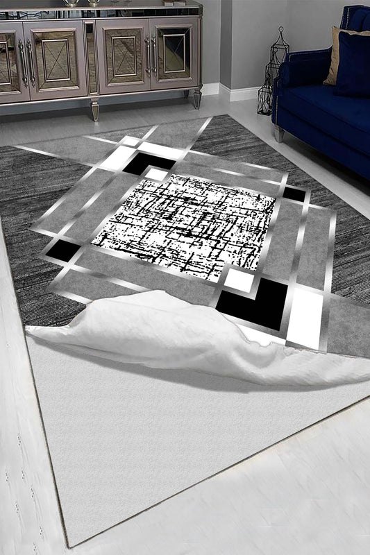 Gri Zeminli Geometrik Desenli Halı | Gold Siyah Çerçeve | Kaymaz Taban Modern Halı