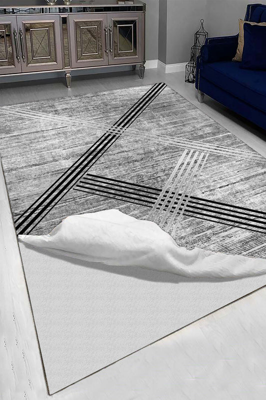 Geometrik Desenli Gri Halı Örtüsü – Kaymaz, Kolay Temizlenebilir, Modern Çizgilerle Şıklık