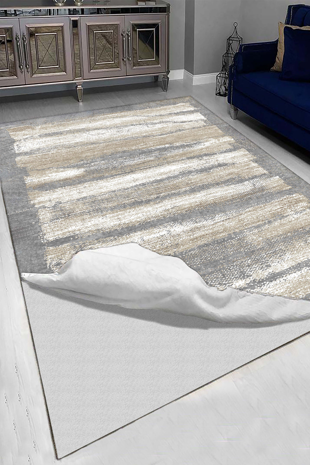 Minimal Çizgili Krem Halı Örtüsü – Kaymaz, Yıkanabilir, Modern Geometrik Desen