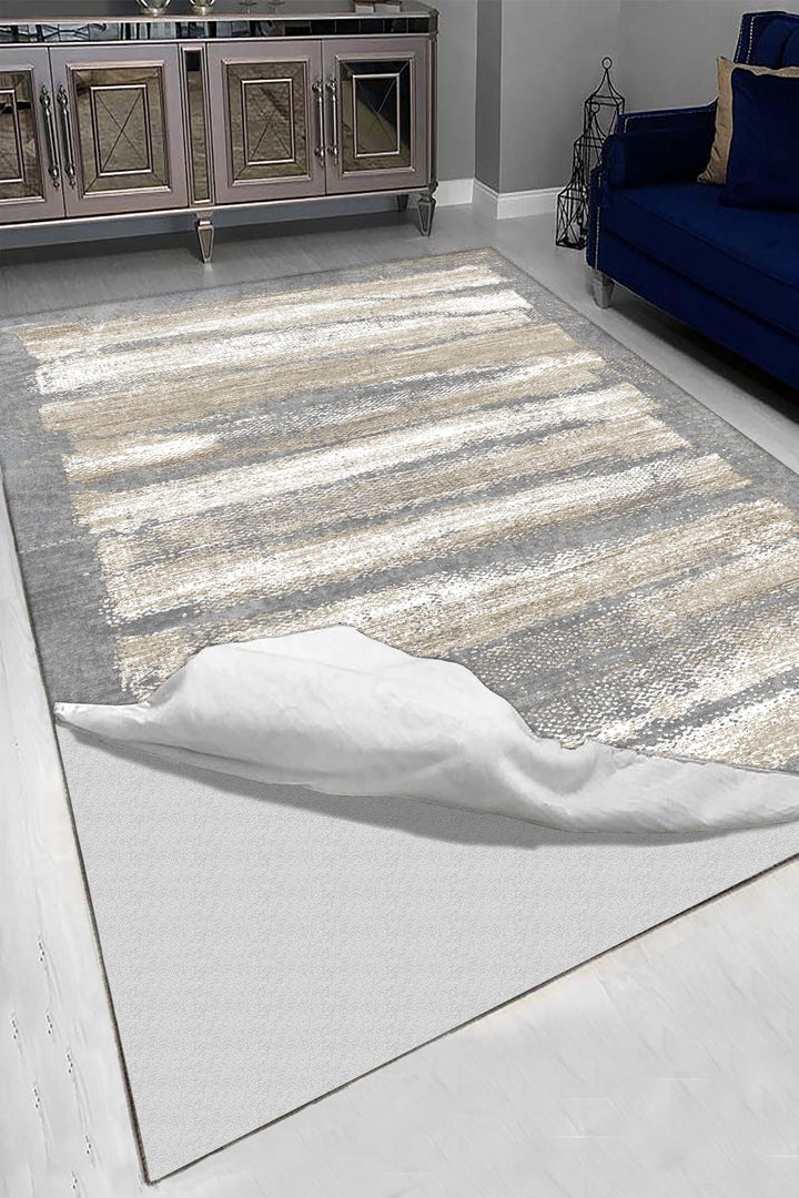 Minimal Çizgili Krem Halı Örtüsü – Kaymaz, Yıkanabilir, Modern Geometrik Desen