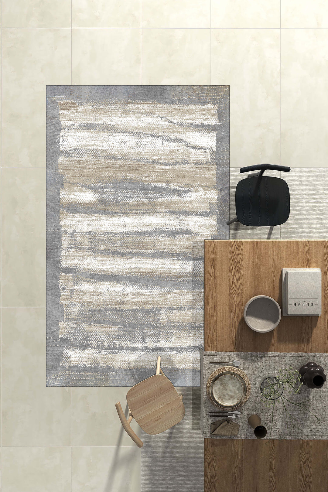 Minimal Çizgili Krem Halı Örtüsü – Kaymaz, Yıkanabilir, Modern Geometrik Desen