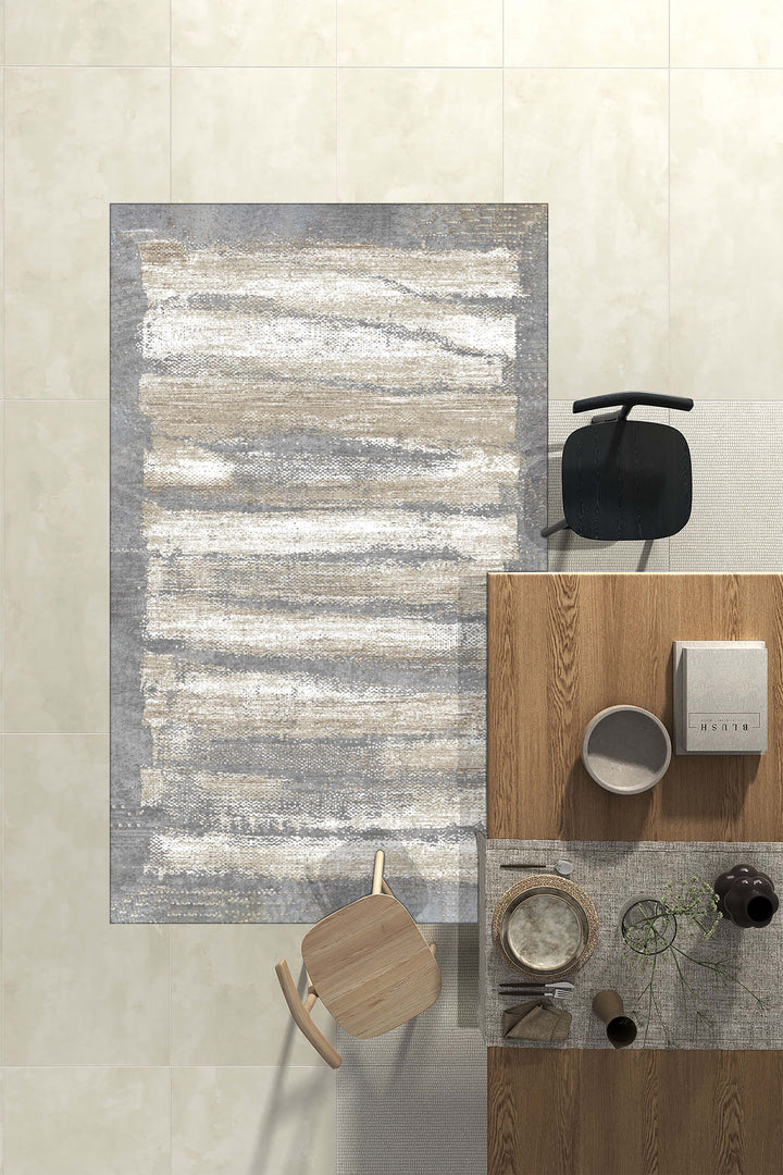 Minimal Çizgili Krem Halı Örtüsü – Kaymaz, Yıkanabilir, Modern Geometrik Desen