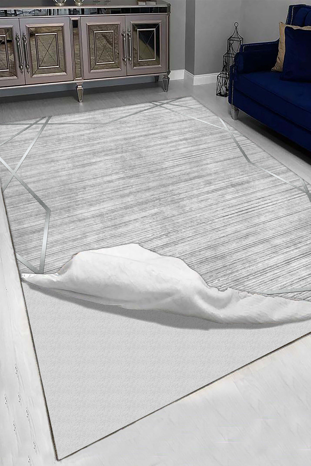 Modern Gri Geometrik Desenli Halı Örtüsü – Kaymaz Taban, Leke Tutmaz