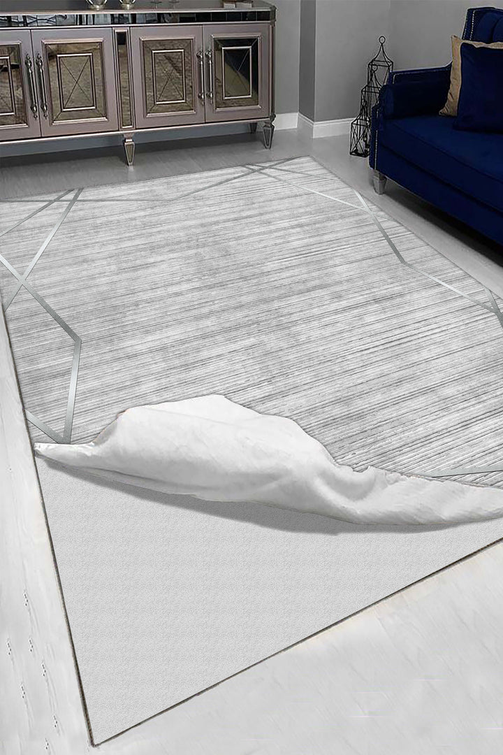 Modern Gri Geometrik Desenli Halı Örtüsü – Kaymaz Taban, Leke Tutmaz