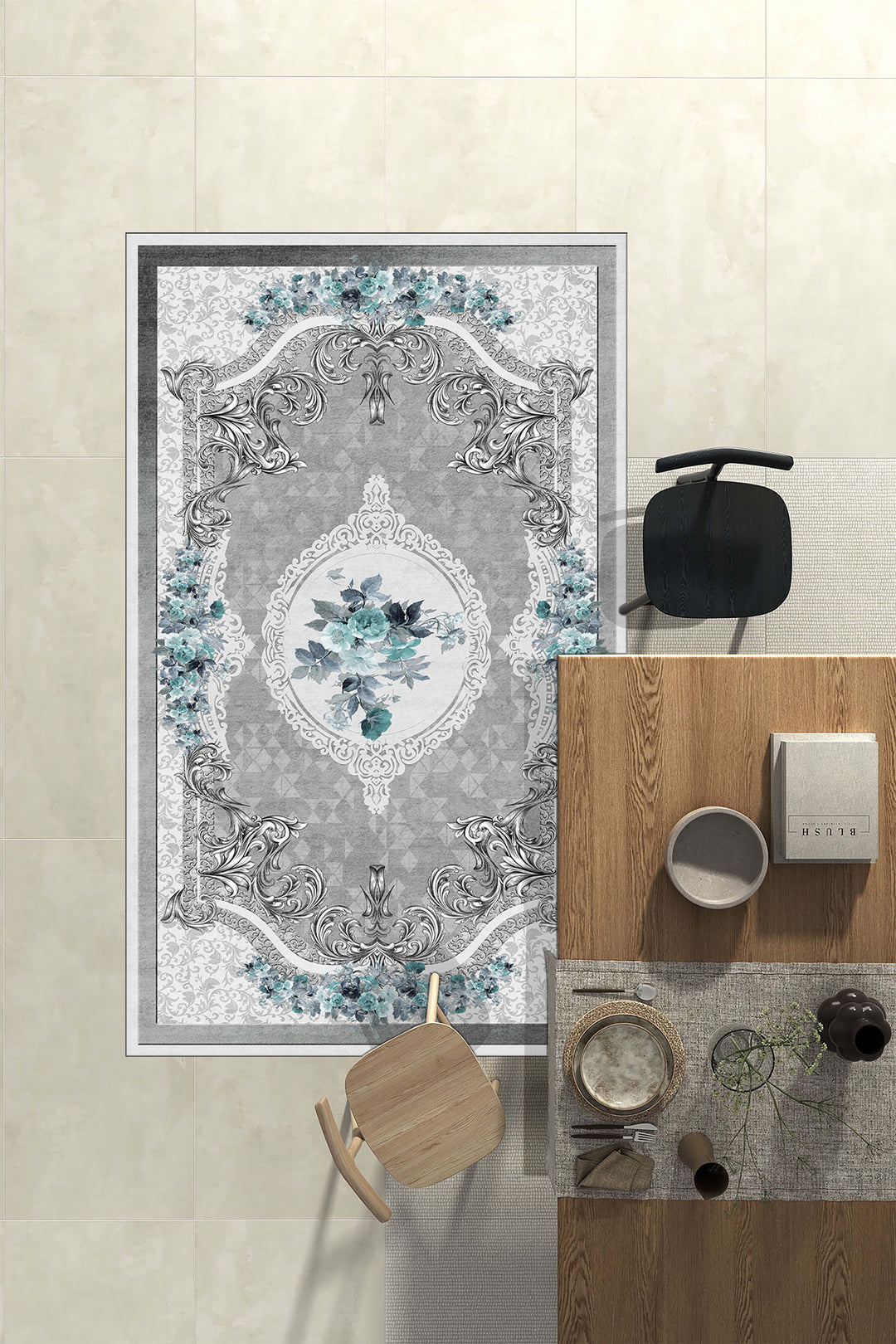 Gri Çiçek Desenli Halı Örtüsü – Barok Kenar Detaylı, Kaymaz Taban, Yıkanabilir