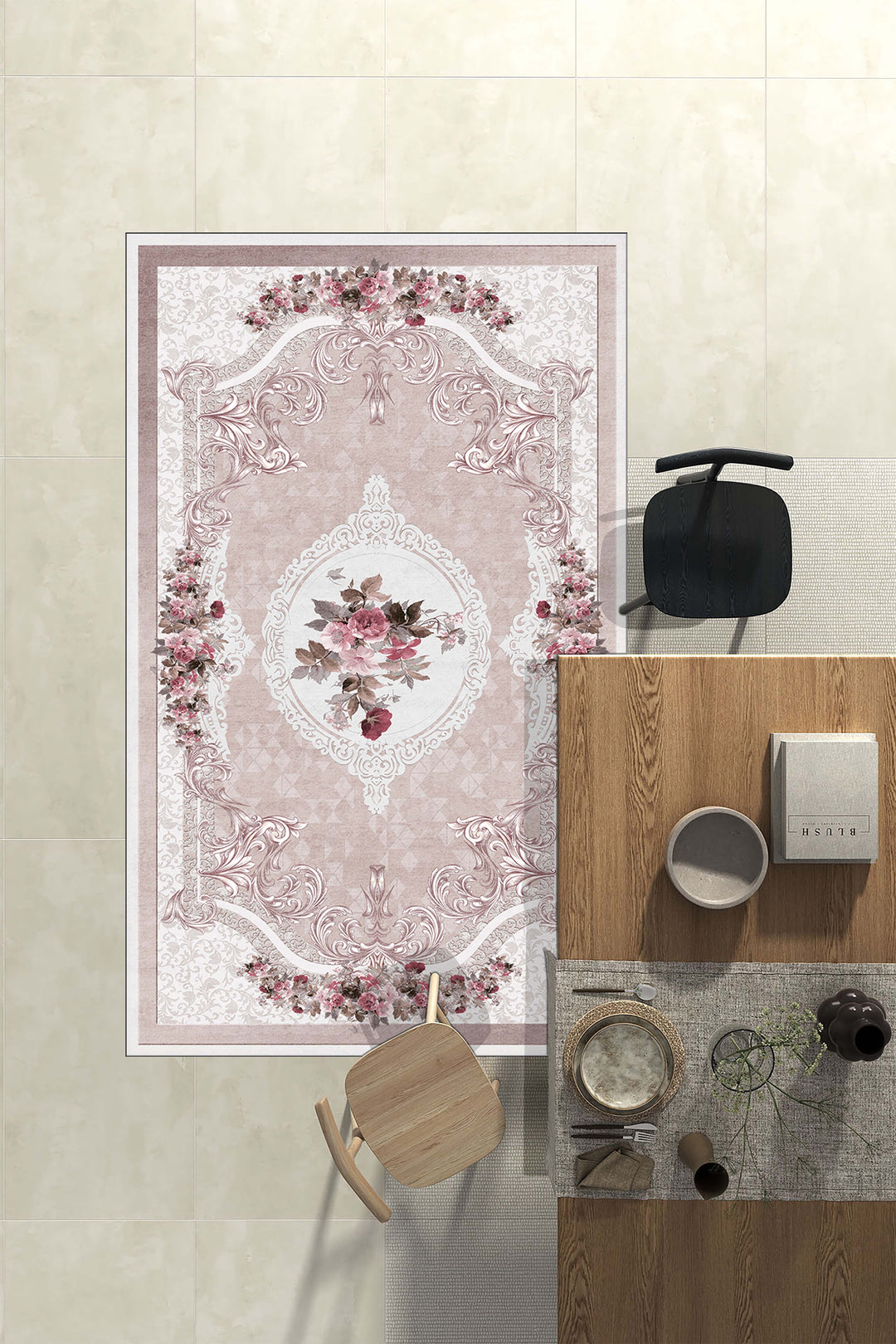 Pudra Çiçekli Halı Örtüsü – Klasik Desenli, Kaymaz Taban, Yıkanabilir