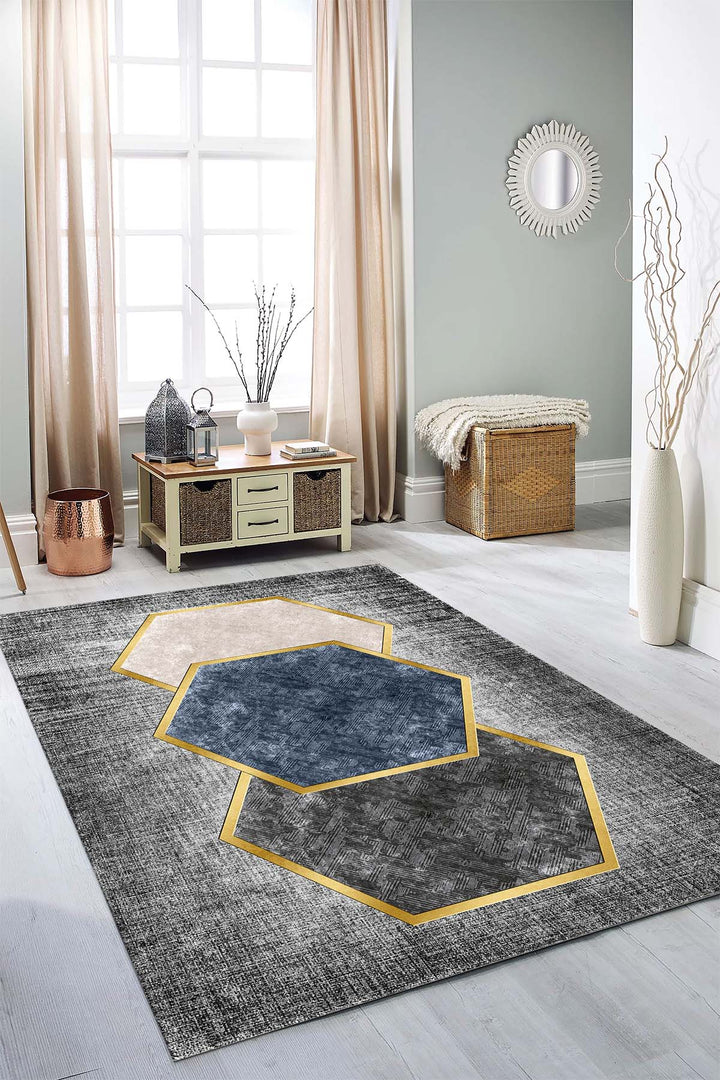 Modern Geometrik Desenli Halı Örtüsü – Altıgen Desenli, Kaymaz Taban, Yıkanabilir