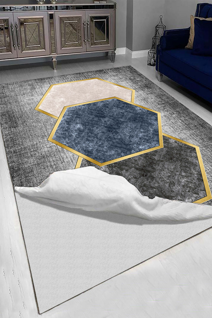 Modern Geometrik Desenli Halı Örtüsü – Altıgen Desenli, Kaymaz Taban, Yıkanabilir