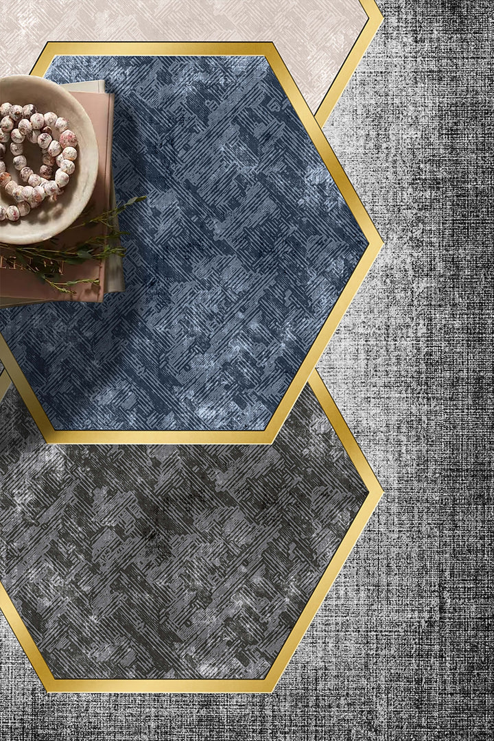 Modern Geometrik Desenli Halı Örtüsü – Altıgen Desenli, Kaymaz Taban, Yıkanabilir