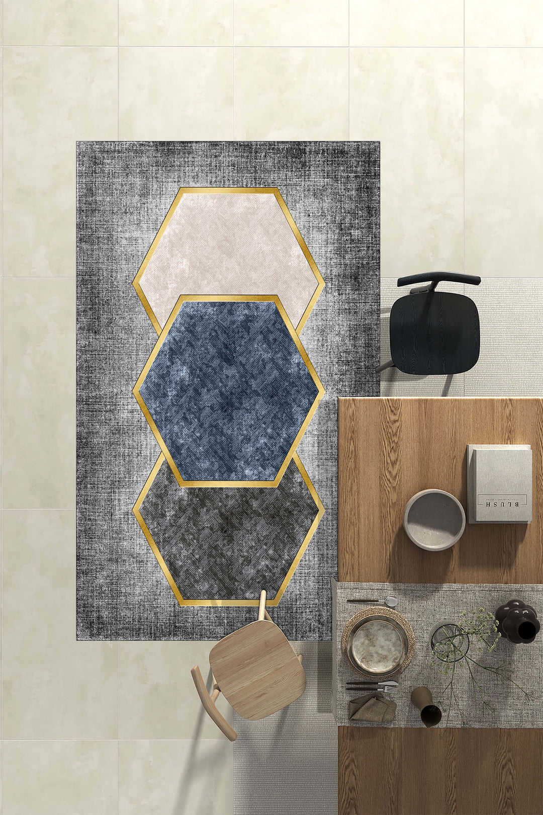 Modern Geometrik Desenli Halı Örtüsü – Altıgen Desenli, Kaymaz Taban, Yıkanabilir