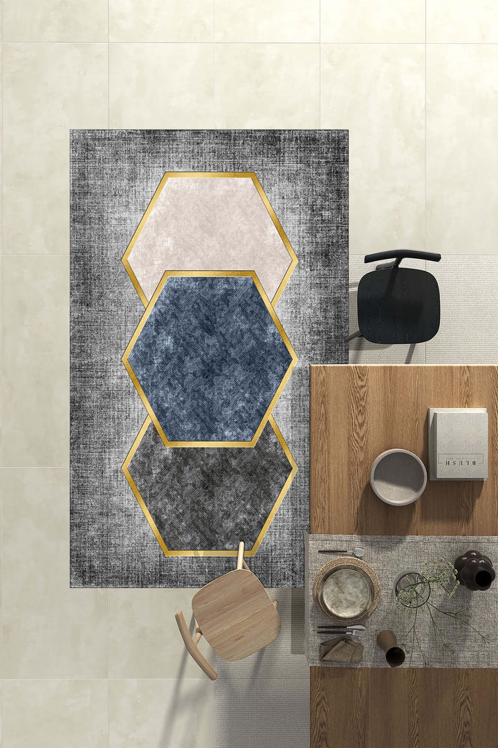 Modern Geometrik Desenli Halı Örtüsü – Altıgen Desenli, Kaymaz Taban, Yıkanabilir