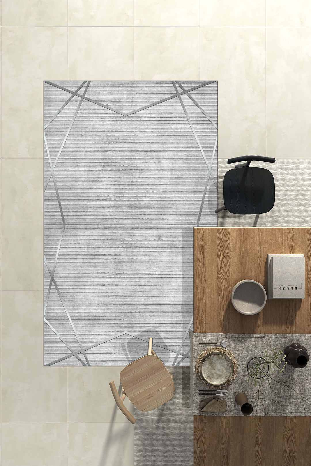 Modern Gri Geometrik Desenli Halı Örtüsü – Kaymaz Taban, Leke Tutmaz