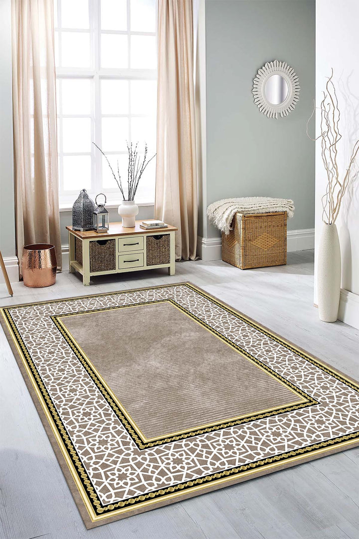 Altın Detaylı Bej Geometrik Desenli Modern Halı | Kaymaz Tabanlı, Leke Tutmaz