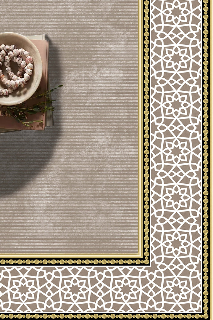 Altın Detaylı Bej Geometrik Desenli Modern Halı | Kaymaz Tabanlı, Leke Tutmaz