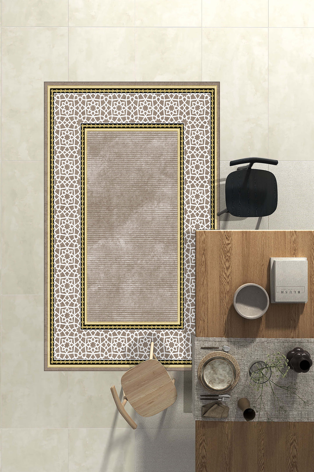 Altın Detaylı Bej Geometrik Desenli Modern Halı | Kaymaz Tabanlı, Leke Tutmaz