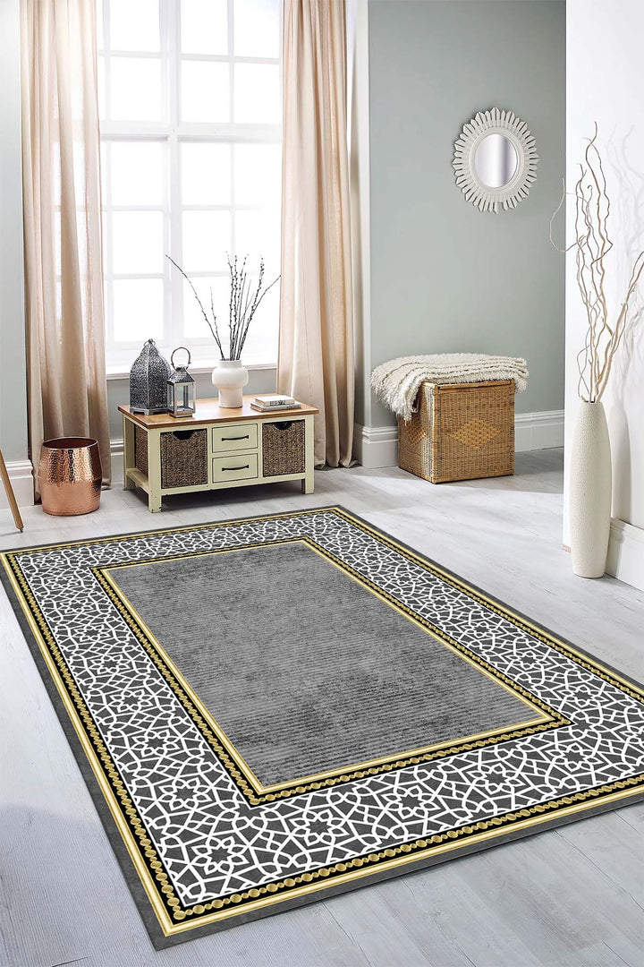 Lüks Gri ve Altın Detaylı Modern Geometrik Desenli Kaymaz Taban Halı - Salon ve Oturma Odası için Şık Tasarım