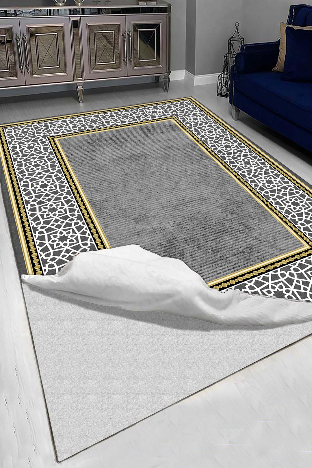 Lüks Gri ve Altın Detaylı Modern Geometrik Desenli Kaymaz Taban Halı - Salon ve Oturma Odası için Şık Tasarım