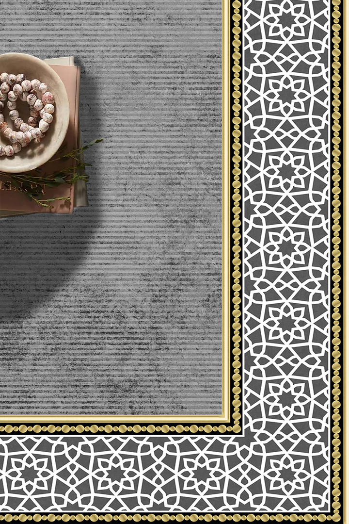 Lüks Gri ve Altın Detaylı Modern Geometrik Desenli Kaymaz Taban Halı - Salon ve Oturma Odası için Şık Tasarım
