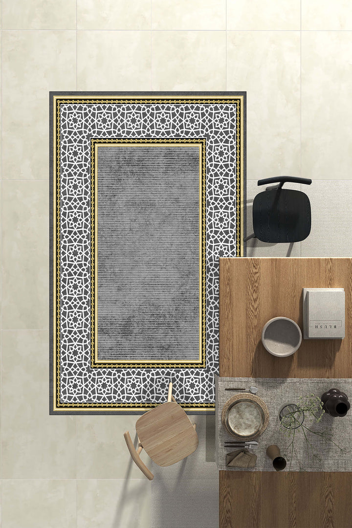Lüks Gri ve Altın Detaylı Modern Geometrik Desenli Kaymaz Taban Halı - Salon ve Oturma Odası için Şık Tasarım