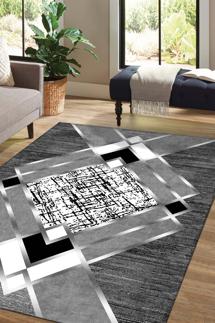 Gri Zeminli Geometrik Desenli Halı | Gold Siyah Çerçeve | Kaymaz Taban Modern Halı
