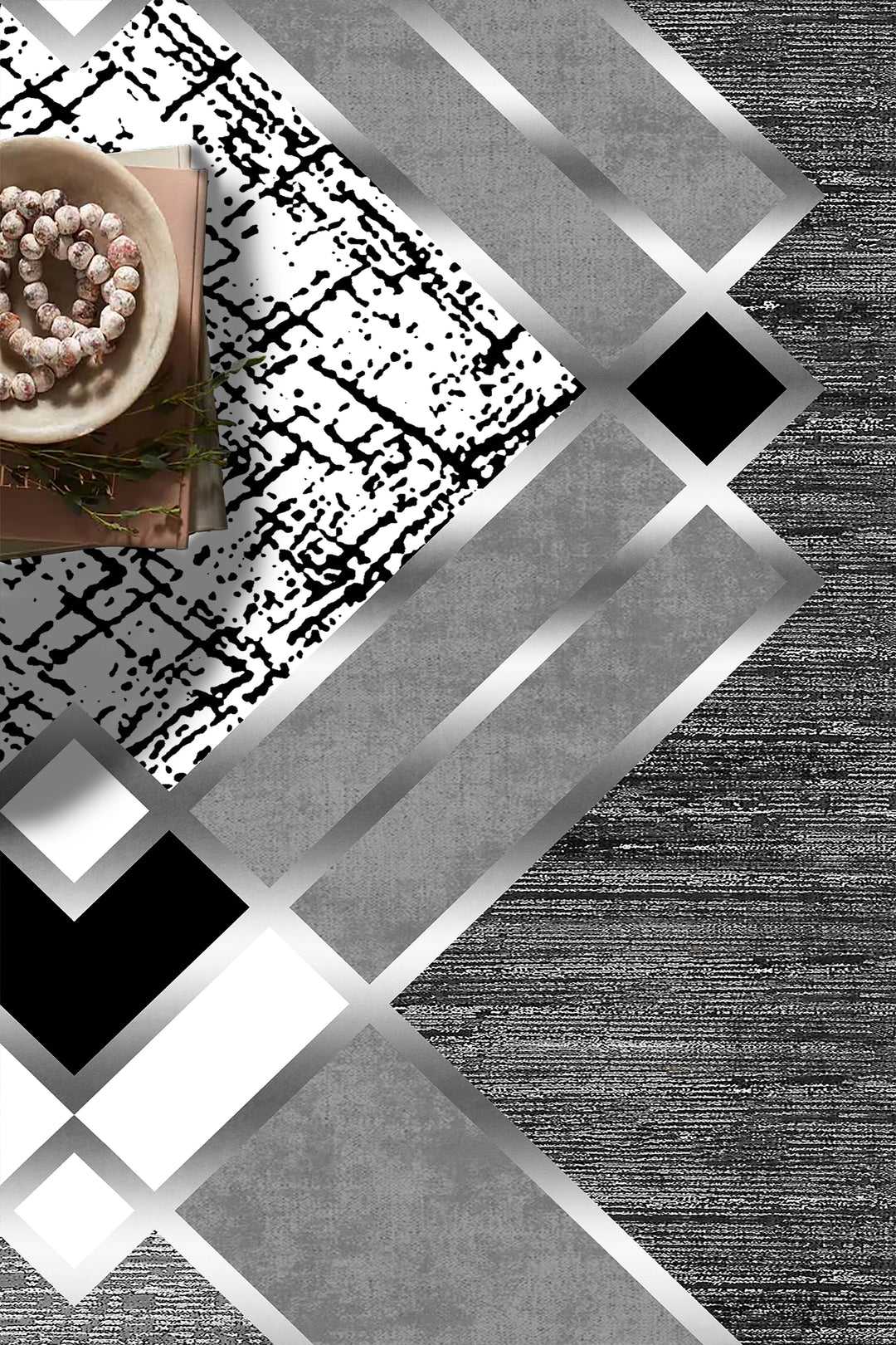 Gri Zeminli Geometrik Desenli Halı | Gold Siyah Çerçeve | Kaymaz Taban Modern Halı