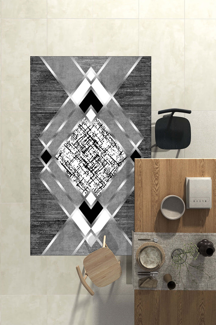 Gri Zeminli Geometrik Desenli Halı | Gold Siyah Çerçeve | Kaymaz Taban Modern Halı