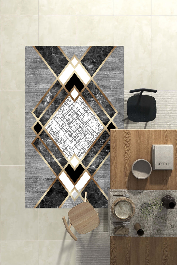 Modern Geometrik Desenli Gri Altın Şeritli Halı | Kaymaz Taban | Kolay Temizlenir