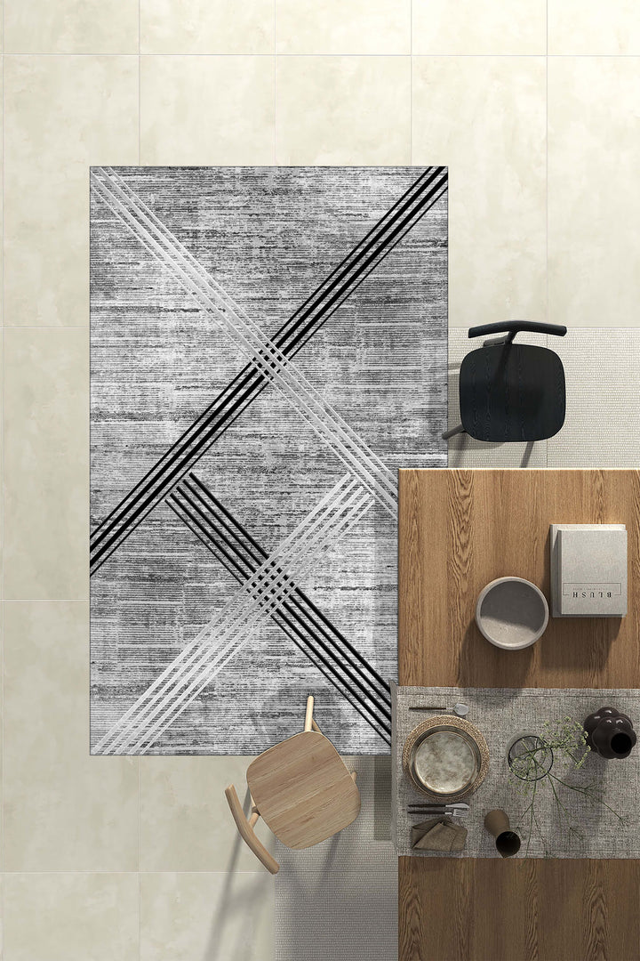 Geometrik Desenli Gri Halı Örtüsü – Kaymaz, Kolay Temizlenebilir, Modern Çizgilerle Şıklık