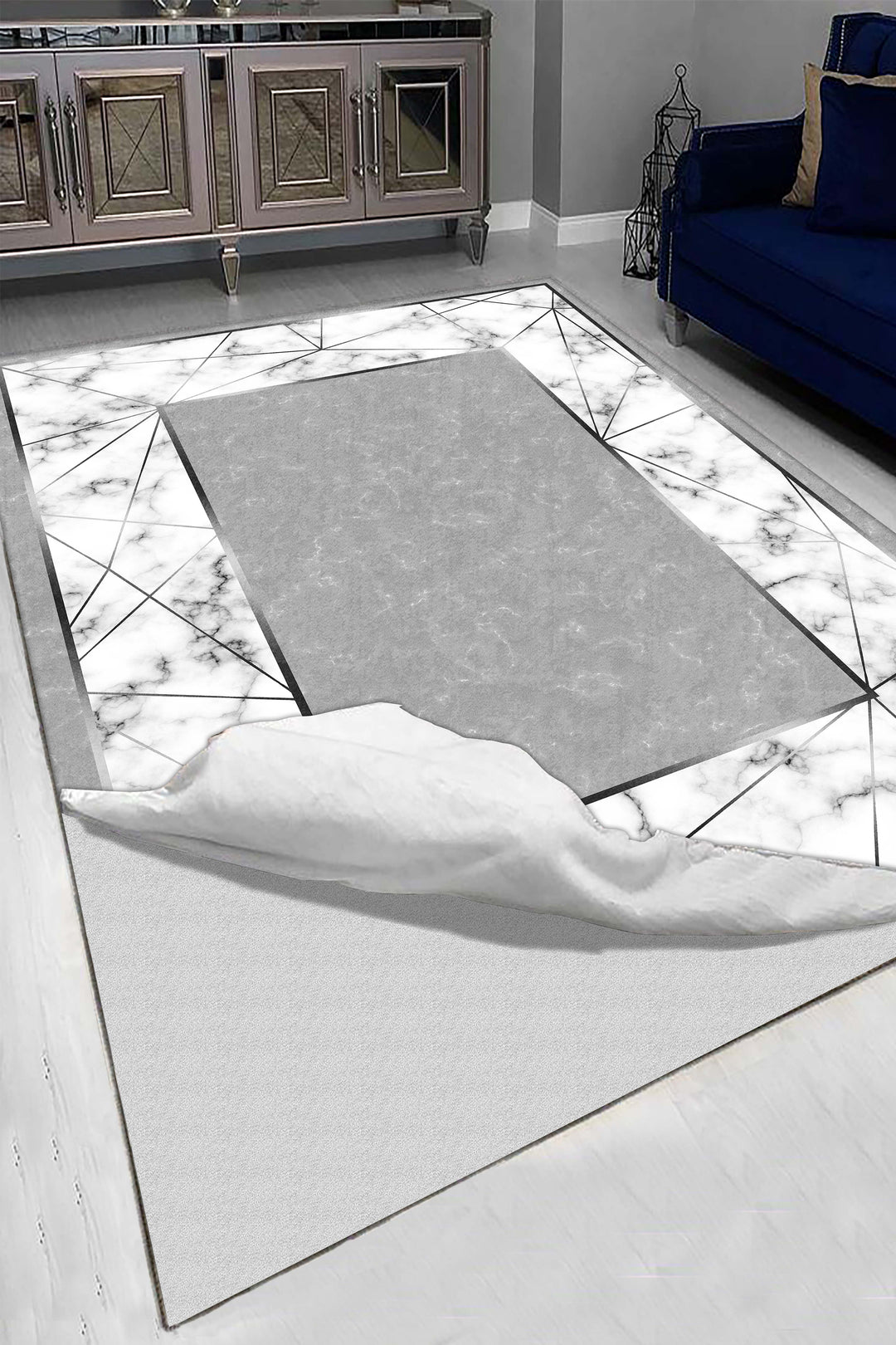 Modern Mermer Desenli Gri Halı Örtüsü – Kaymaz Tabanlı, Yıkanabilir, Şık Geometrik Kenarlı Tasarım