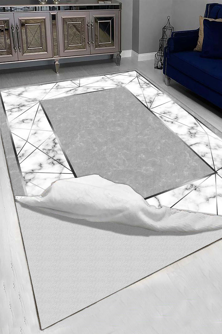 Modern Mermer Desenli Gri Halı Örtüsü – Kaymaz Tabanlı, Yıkanabilir, Şık Geometrik Kenarlı Tasarım