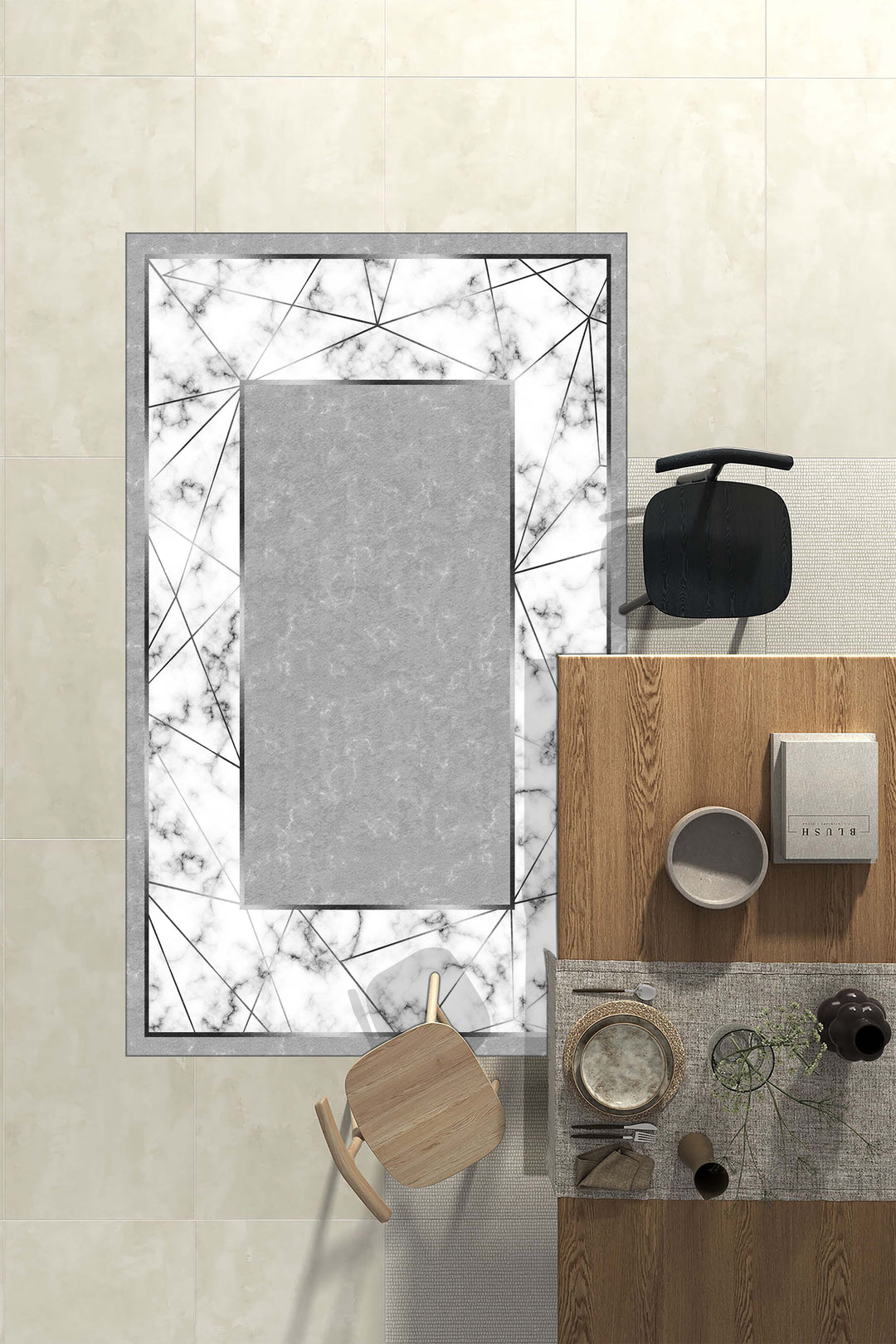 Modern Mermer Desenli Gri Halı Örtüsü – Kaymaz Tabanlı, Yıkanabilir, Şık Geometrik Kenarlı Tasarım