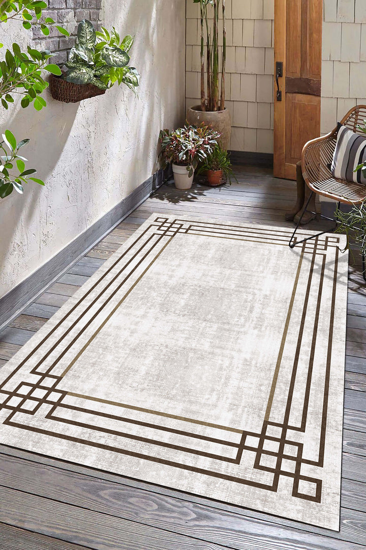 Minimal Çizgili Krem Halı Örtüsü – Kaymaz, Yıkanabilir, Modern Kahverengi Geometrik Desen