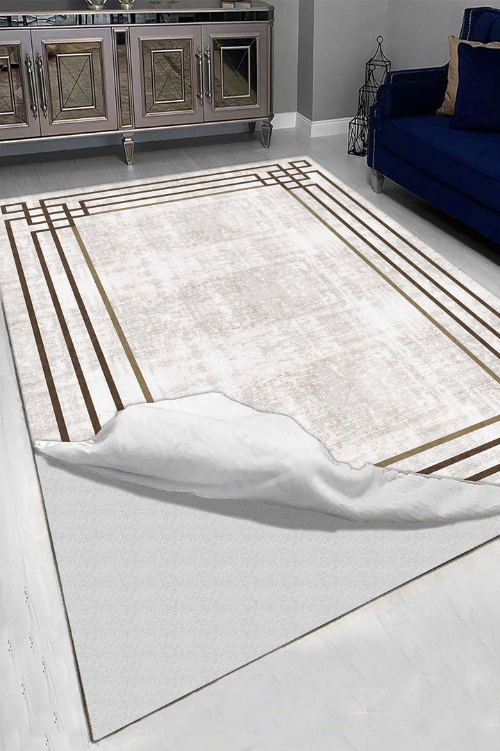 Minimal Çizgili Krem Halı Örtüsü – Kaymaz, Yıkanabilir, Modern Kahverengi Geometrik Desen