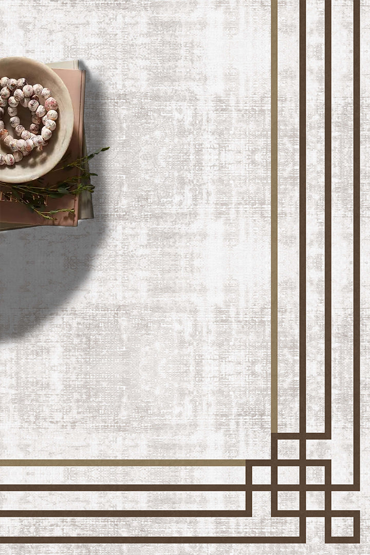 Minimal Çizgili Krem Halı Örtüsü – Kaymaz, Yıkanabilir, Modern Kahverengi Geometrik Desen