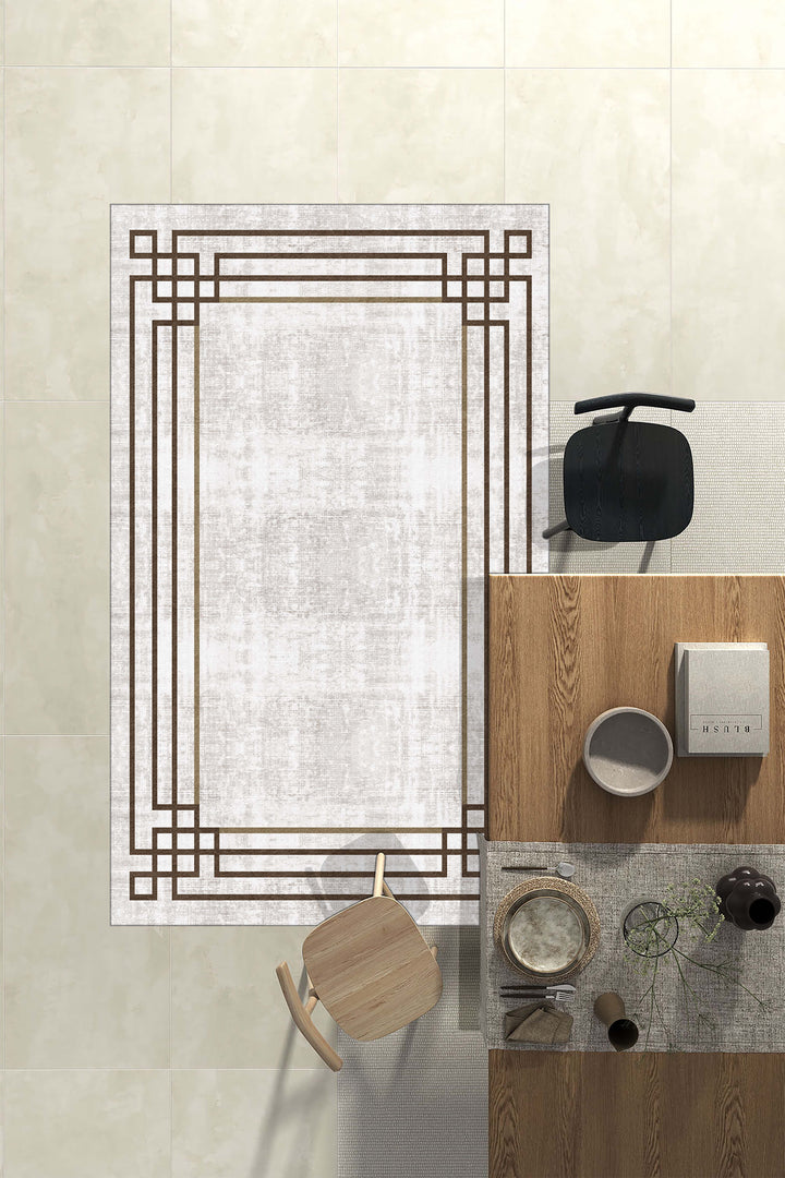 Minimal Çizgili Krem Halı Örtüsü – Kaymaz, Yıkanabilir, Modern Kahverengi Geometrik Desen