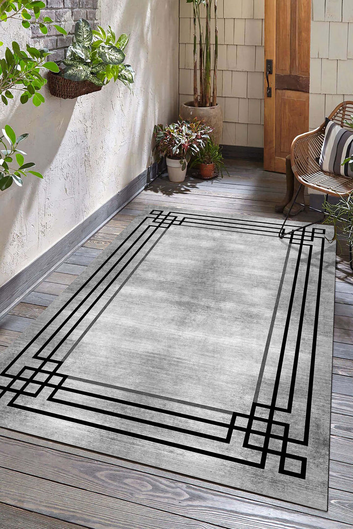Minimal Çizgili Krem Halı Örtüsü – Kaymaz, Yıkanabilir, Modern Kahverengi Geometrik Desen
