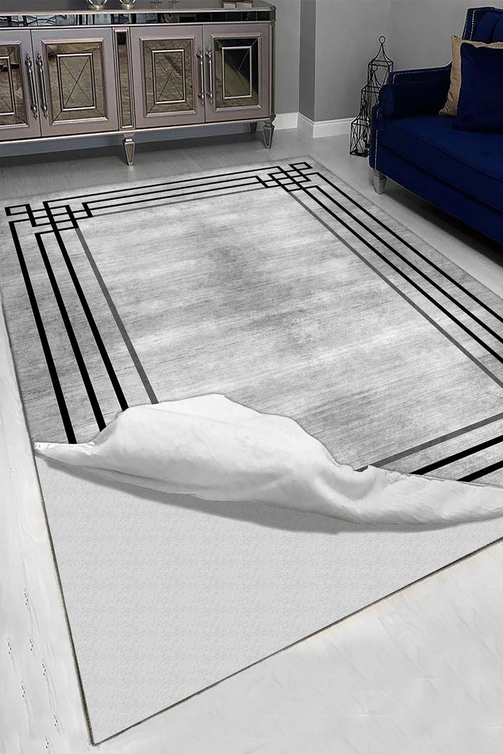 Minimal Çizgili Krem Halı Örtüsü – Kaymaz, Yıkanabilir, Modern Kahverengi Geometrik Desen