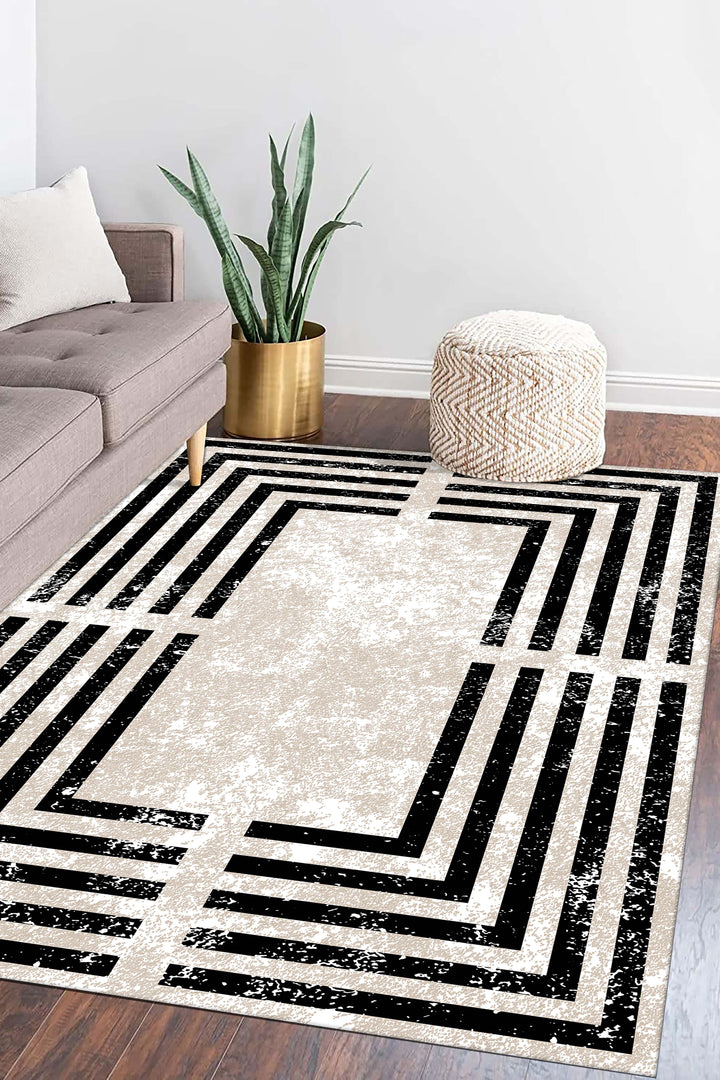 Minimal Çizgili Krem Halı Örtüsü – Kaymaz, Yıkanabilir, Modern Geometrik Desen