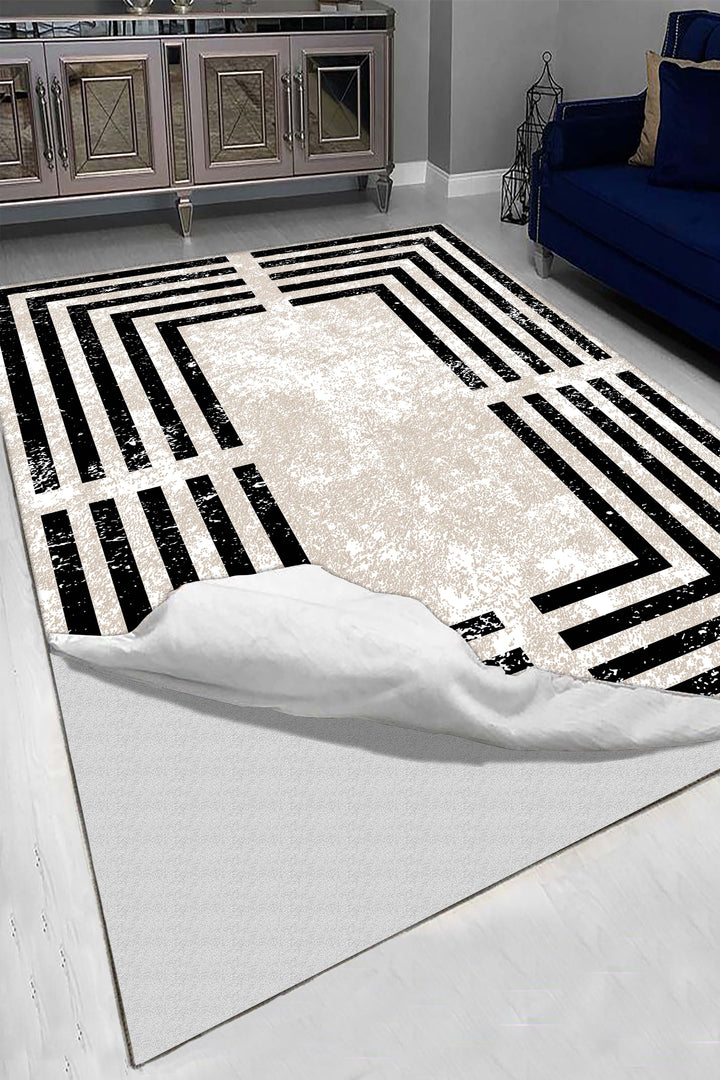 Minimal Çizgili Krem Halı Örtüsü – Kaymaz, Yıkanabilir, Modern Geometrik Desen