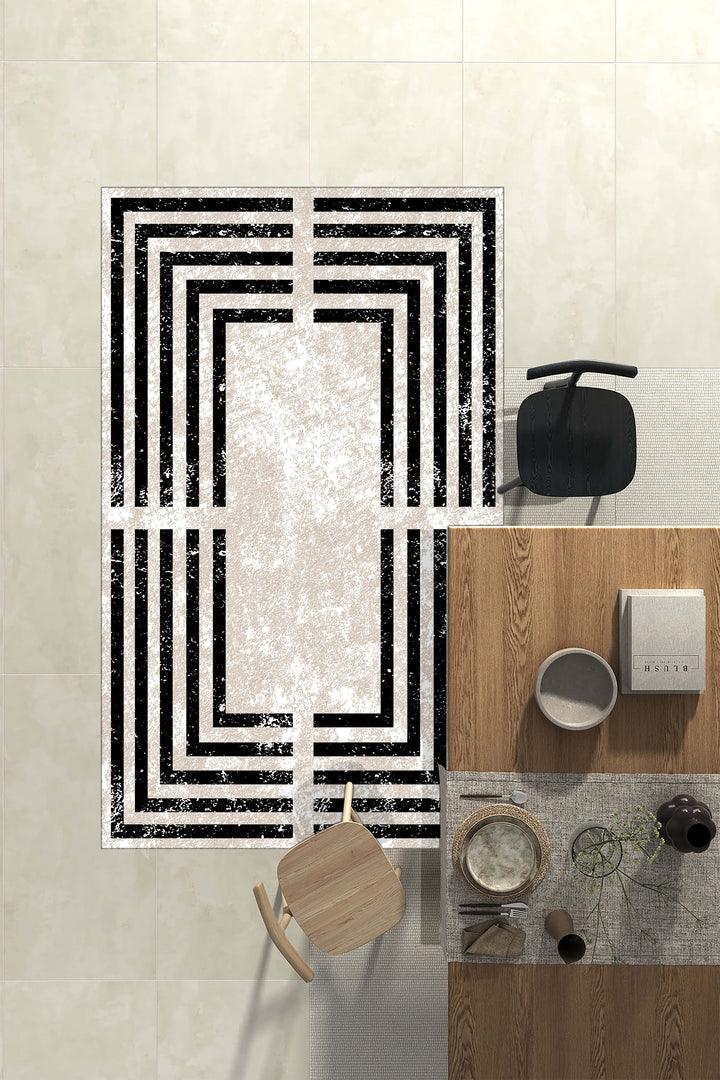 Minimal Çizgili Krem Halı Örtüsü – Kaymaz, Yıkanabilir, Modern Geometrik Desen